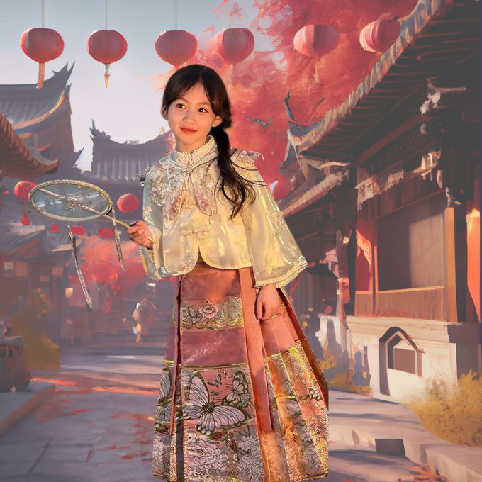 閃光絲雪紡襯衫金邊蝴蝶馬面長裙配繡花領片 女童粉色長裙套裝