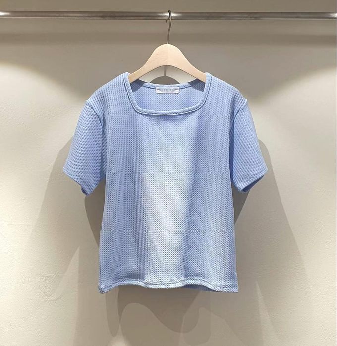 韓國 LANDING - 鬆緊格紋方領短袖上衣-淺黃 (FREE)