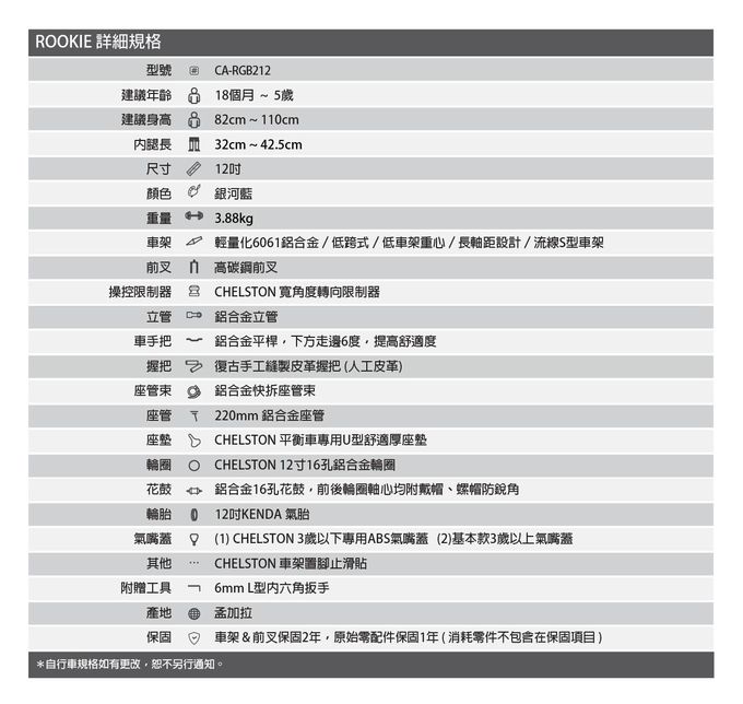 Chelston bikes - Rookie平衡滑步車-銀河藍-平衡滑步車 x 1 , 3 歲以下專用ABS氣嘴蓋 x 1