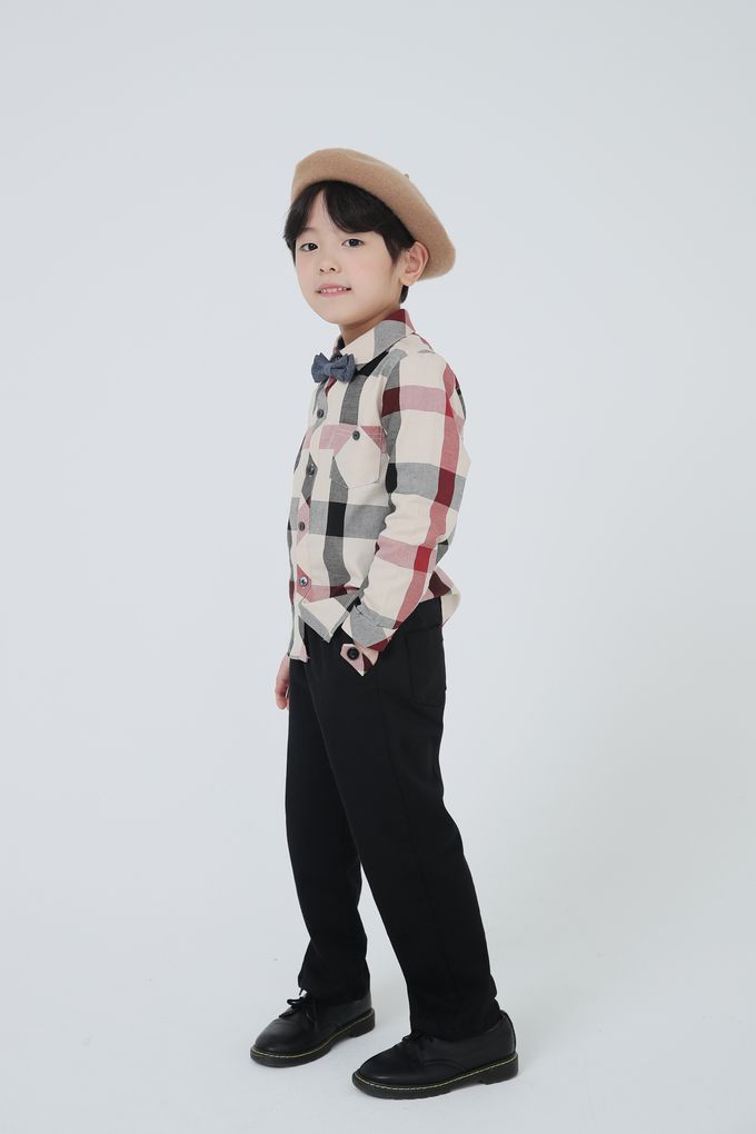 韓國 Coco Bang - 英式雙色格紋翻領長袖襯衫-淺卡其