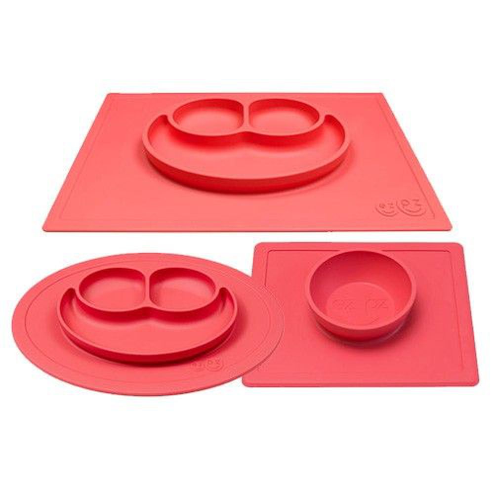 美國 ezpz - 快樂餐盤 Happy Mat+Bowl+Mini Mat-餐盤+餐碗+迷你餐盤-珊瑚紅