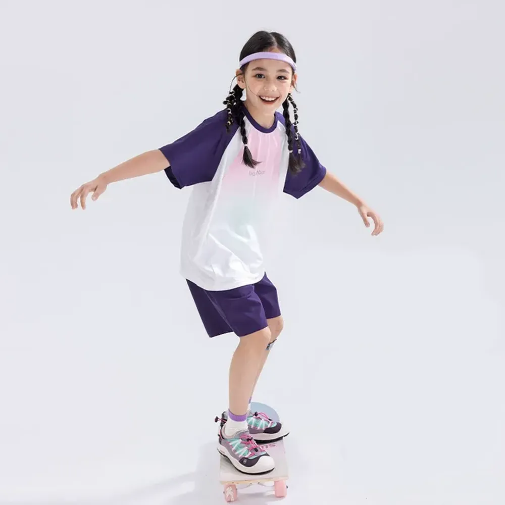 10000+透氣孔吸濕排汗短袖上衣+短褲套裝-撞色拼袖-漸層紫