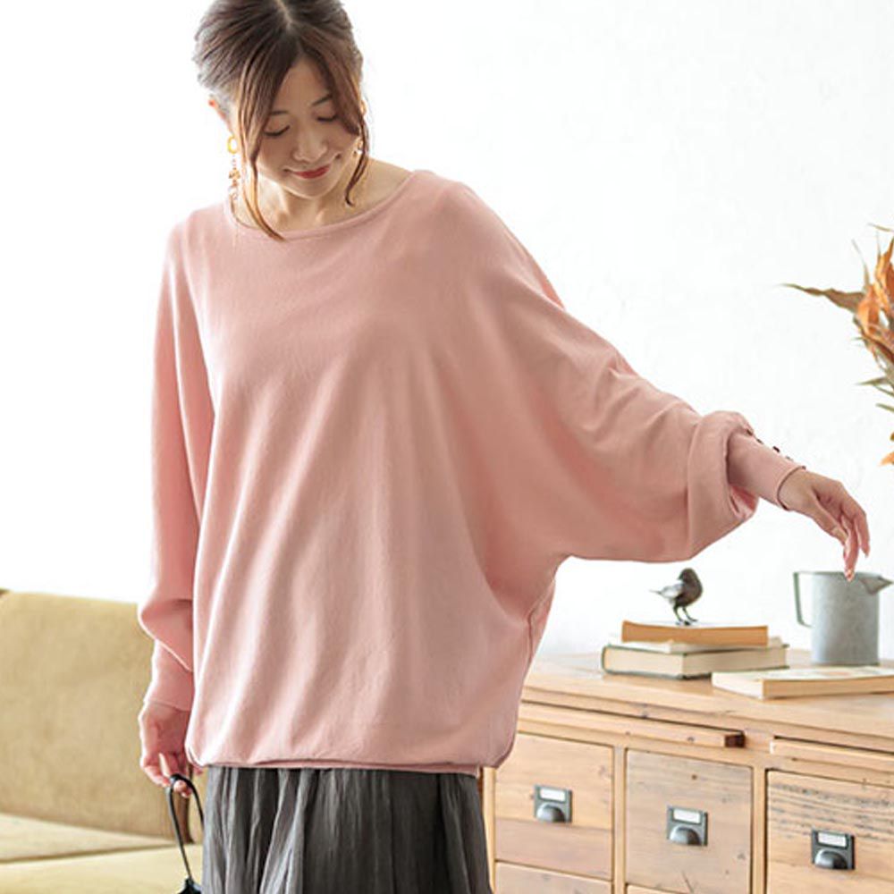 日本 ihuu - 袖釦寬鬆大圓領舒適針織上衣-粉紅