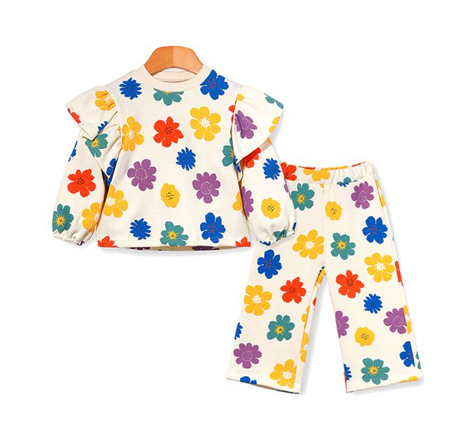 韓國 OZKIZ - 滿版燦爛彩花印長袖套裝-奶油