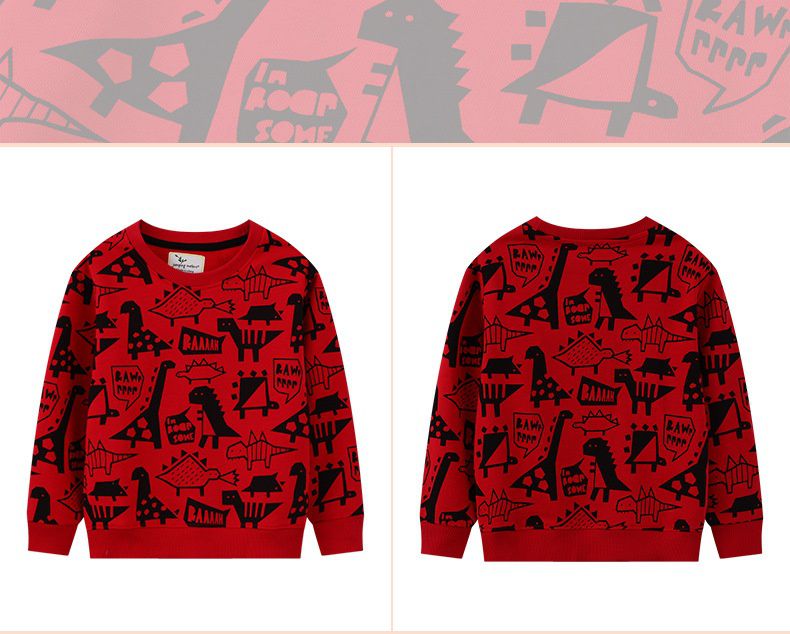 Jumping meters - 圓領棉質長袖上衣/大學T-恐龍插畫世界-酒紅色