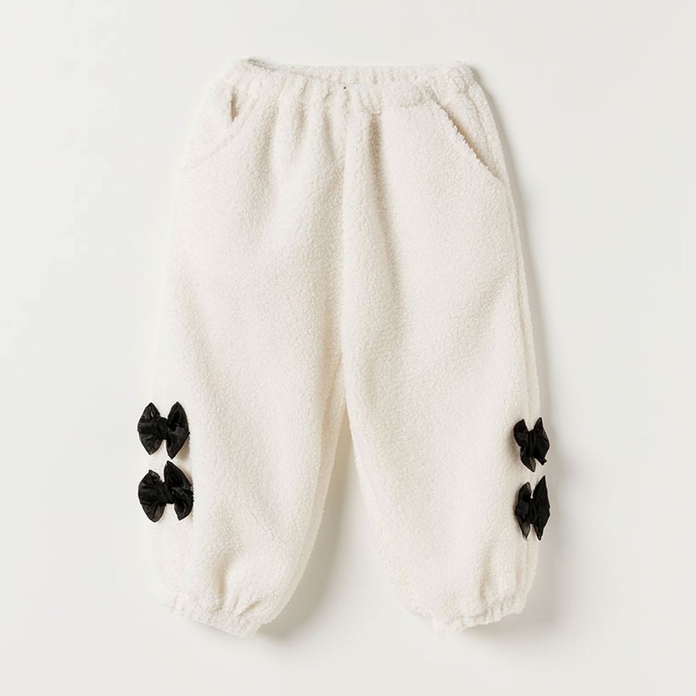 鬆緊腰蝴蝶結點綴泰迪絨長褲-米白