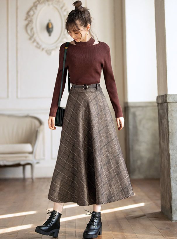 日本 GRL - 學院風格紋顯瘦傘裙/長裙(附皮帶)-深灰 (M)