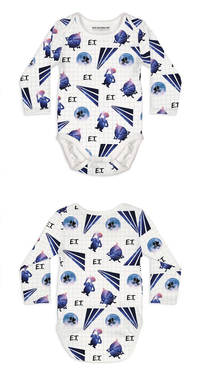 英國 SLEEP NO MORE - 100% 有機棉長袖包屁衣-ET外星人/白底格紋 (1.5-2 Y)