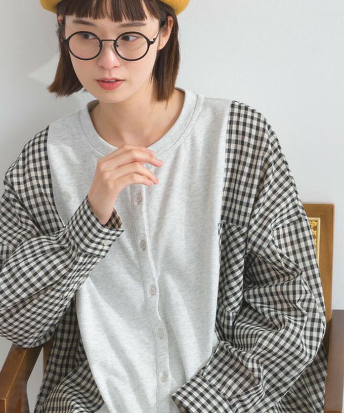 日本 Lupilien - 可愛格子拼接裏毛休閒襯衫-深灰x紅