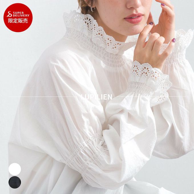 日本 Lupilien - 100%棉 典雅貝殼蕾絲宮廷長袖上衣-黑