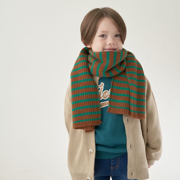 日本 b-ROOM - 注目配色條紋針織圍巾-藍x淺灰 (F)