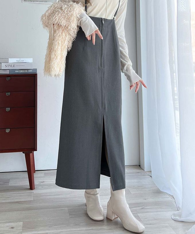 日本 Classical Elf - 前後2WAY簡約大口袋開叉吊帶裙-卡其