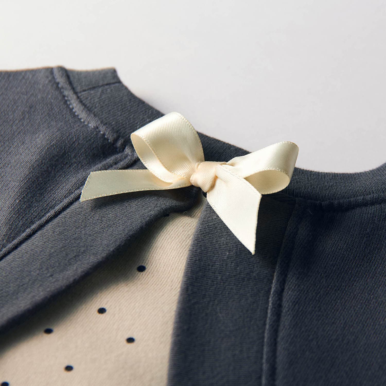 日本千趣會 - 背後蝴蝶結假二件拼接長袖洋裝-棕x灰格紋