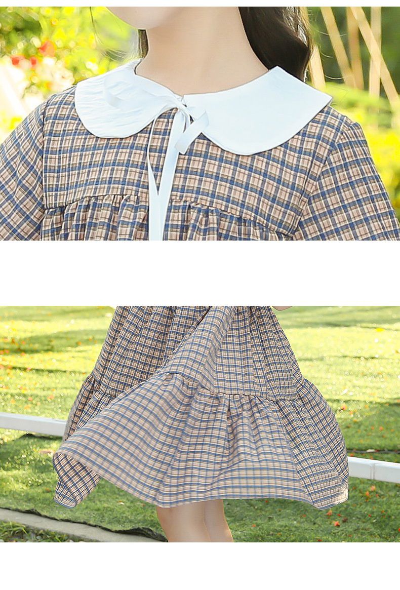 娃娃領短袖蛋糕裙洋裝-格紋-卡其+深藍