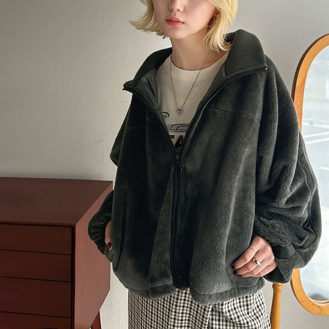 日本 Classical Elf - 率性立領絨面拼接大寬袖夾克-米白