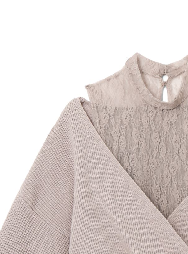 日本 GRL - 蕾絲緹花羅紋泡泡袖針織上衣-淺灰杏