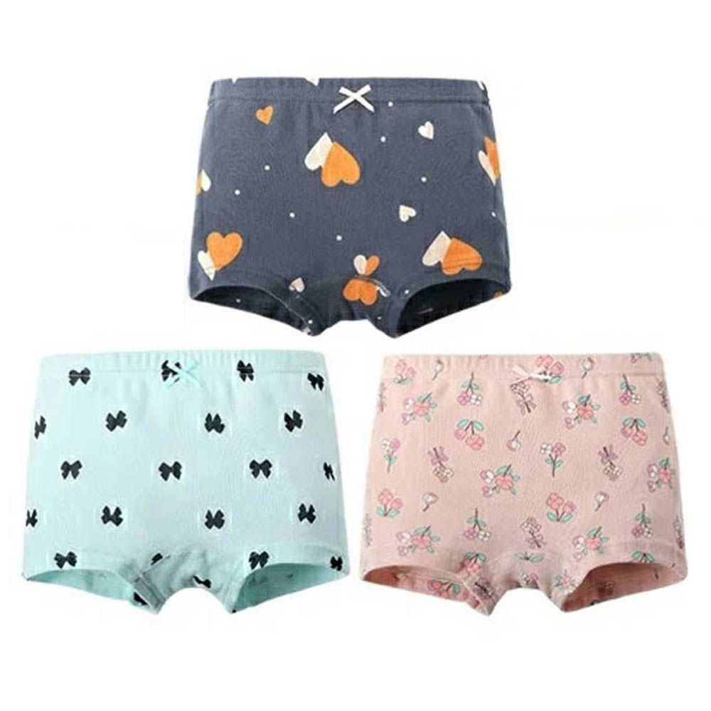 [樂天4冠王]純棉透氣女孩內褲(3入)-蝴蝶結x小花x愛心-水藍粉深藍