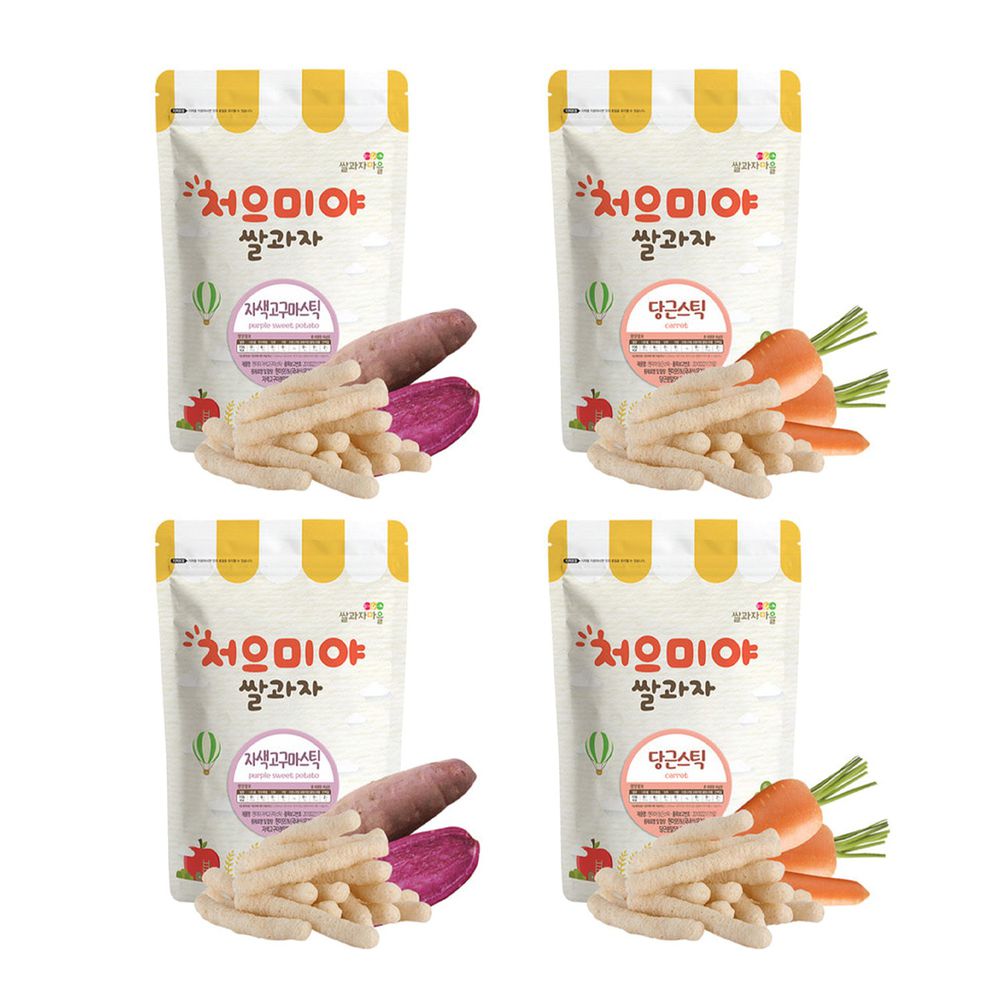 韓國SSALGWAJA米餅村 - 免運組-寶寶糙米棒-蔬菜口味4入組-甜紫薯*2/胡蘿蔔*2-40g/包，共4包