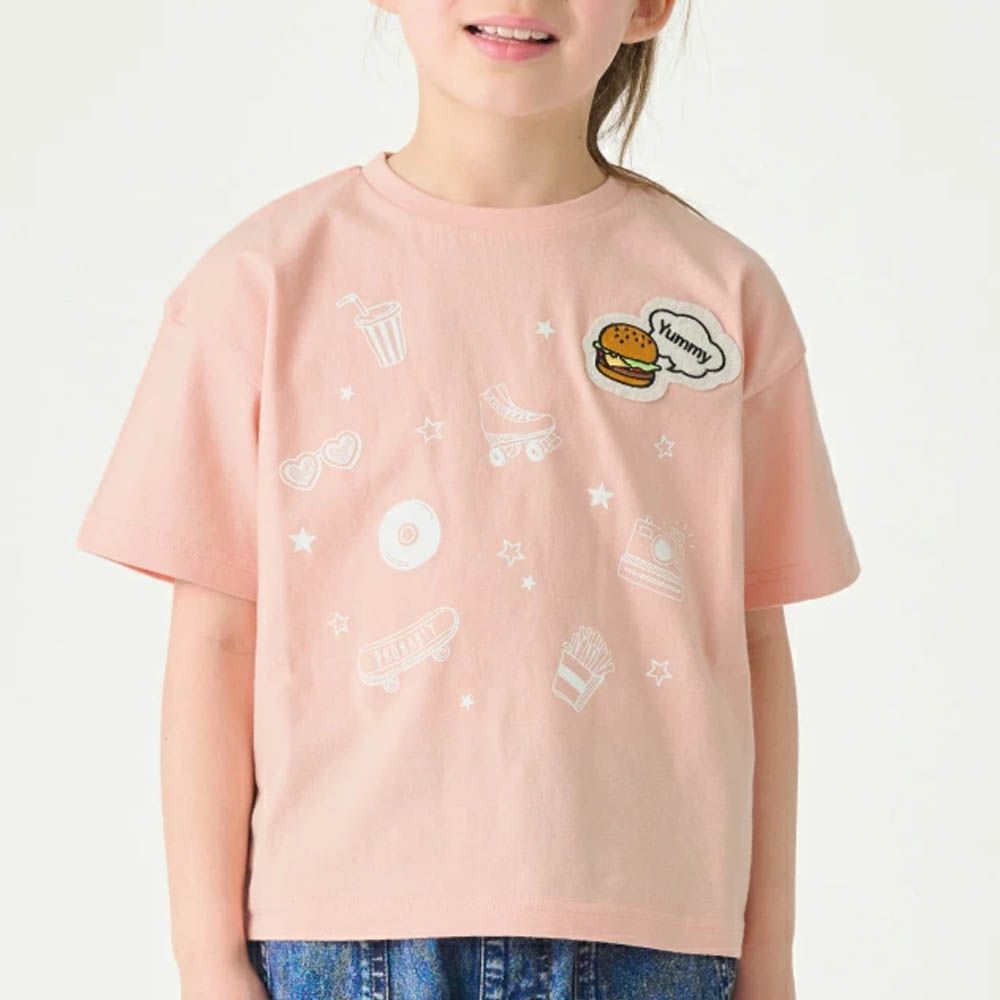 100%棉 漢堡貼布短袖上衣-粉紅