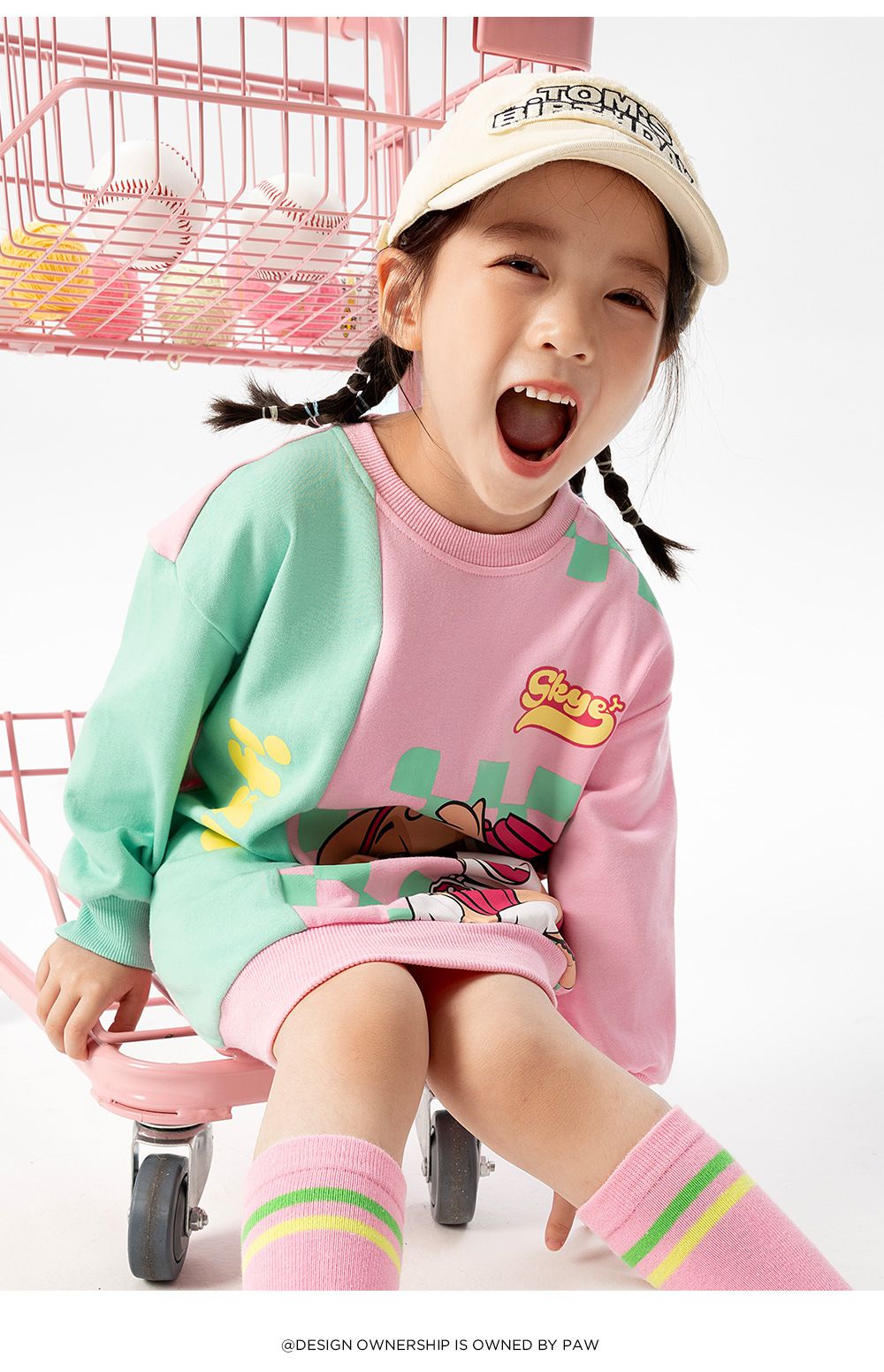 卡通汪汪隊圓領長版大學T-卡通人物天天-綠+粉