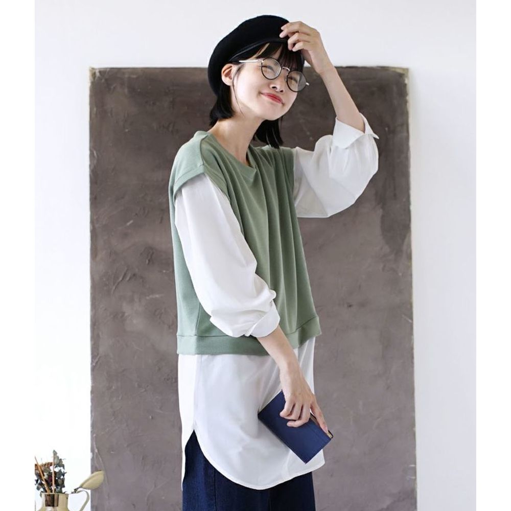 日本 zootie - 假兩件背心造型長袖上衣-灰綠
