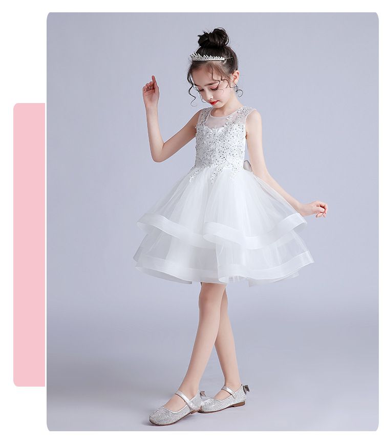 蕾絲網紗無袖澎澎紗裙-亮片小花-白色