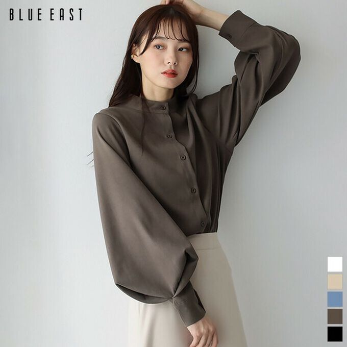 日本 BLUE EAST - 知性小立領澎澎氣球袖襯衫-奶茶