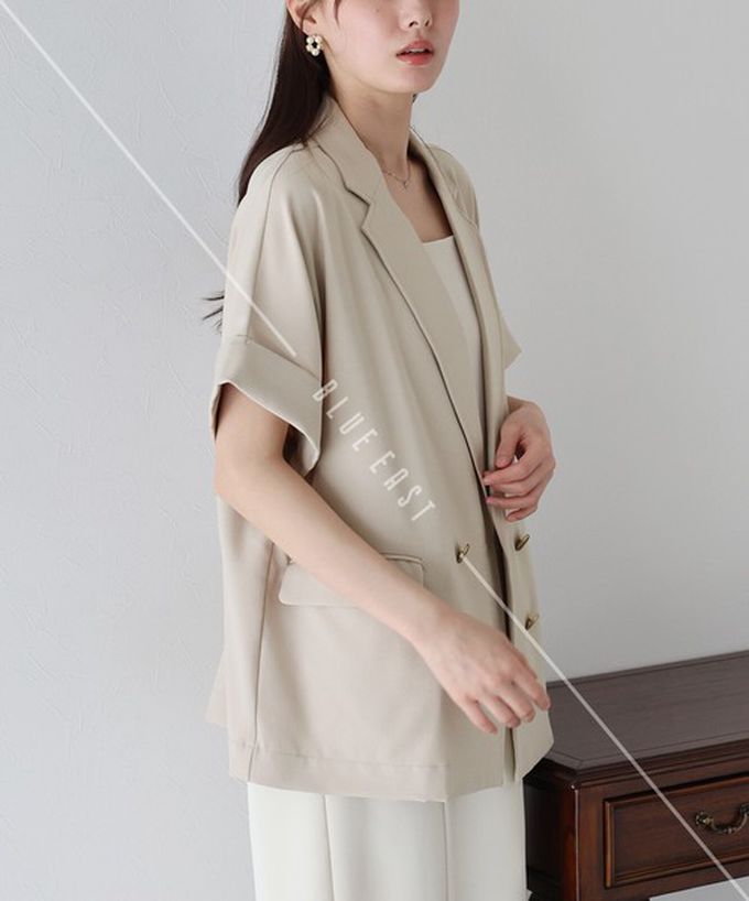 日本 BLUE EAST - 亞麻感氣質金釦短袖西裝外套-海軍藍