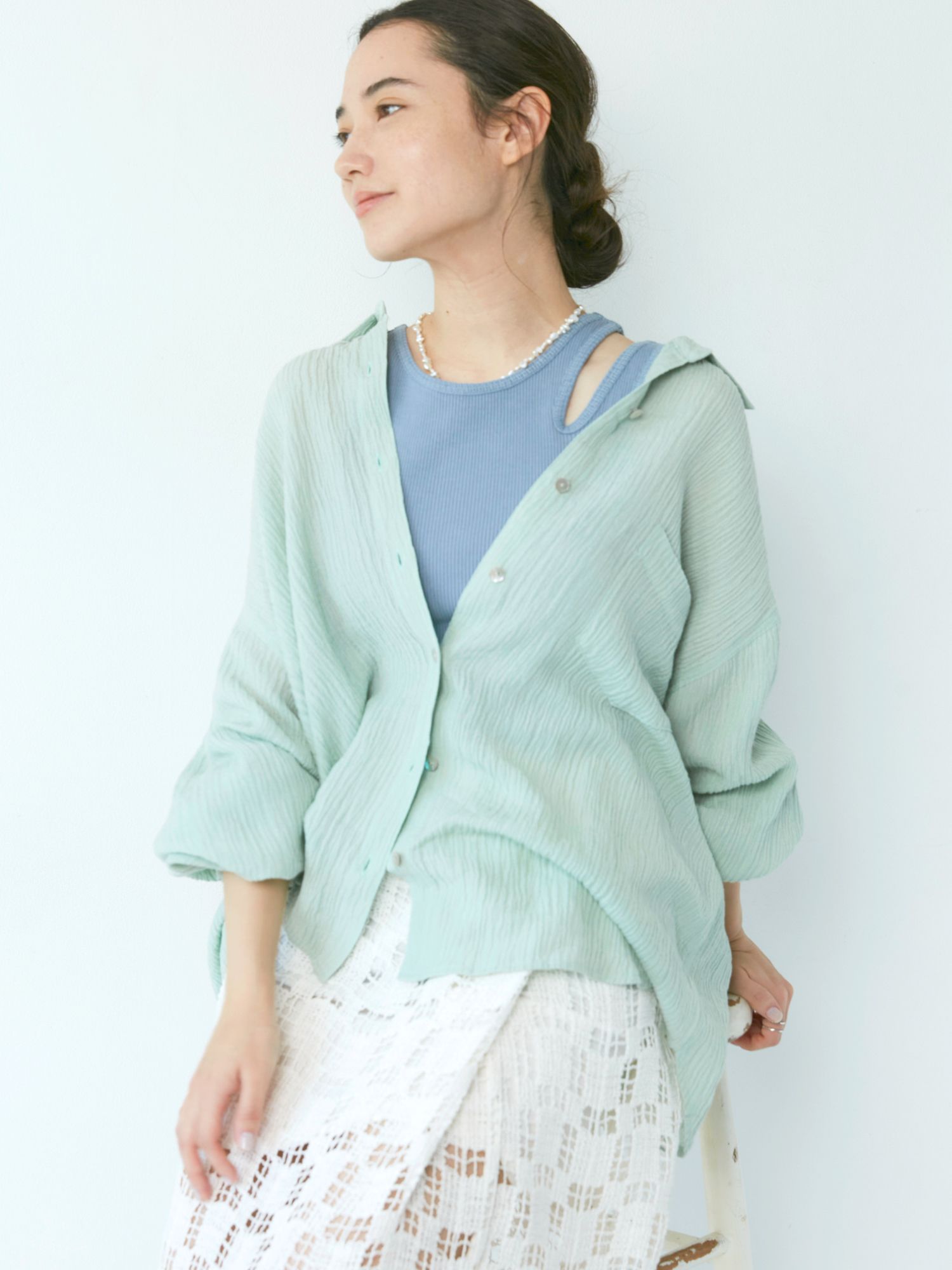 日本 Ungrid - 楊柳皺摺垂墜感襯衫-薄荷 (F)