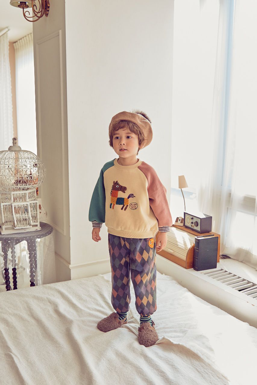 韓國 Mimico - (裏起毛)立體木馬拼接色T