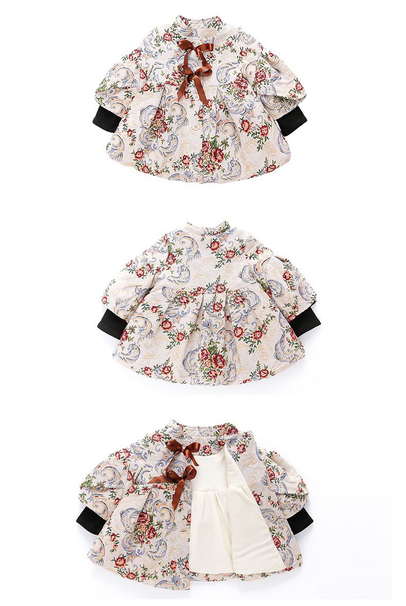 復古油畫風長版外套-花花-奶咖啡色