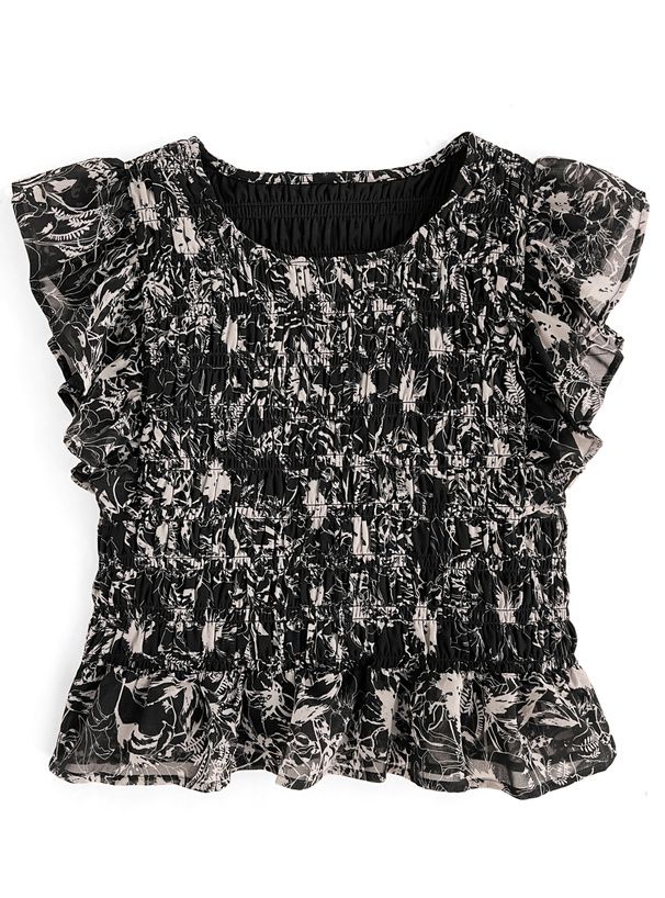 日本 GRL - 甜美碎花雪紡飛飛袖上衣-淺卡其 (F)