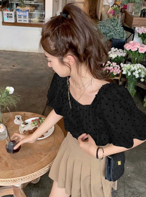 日本 GRL - 法式方領點點泡泡袖上衣-石墨灰 (M)