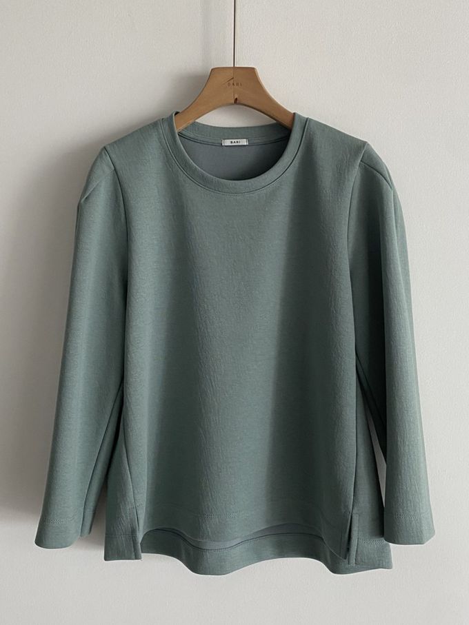 韓國女裝連線 - 設計感抓褶拼接八分袖上衣-藍綠 (FREE)