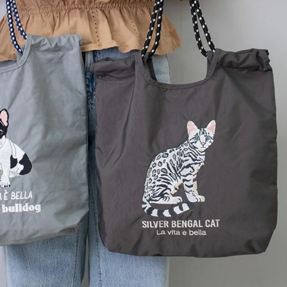 萌趣動物刺繡編繩肩背/手提包-孟加拉貓-深灰 (H32×W37×D7)