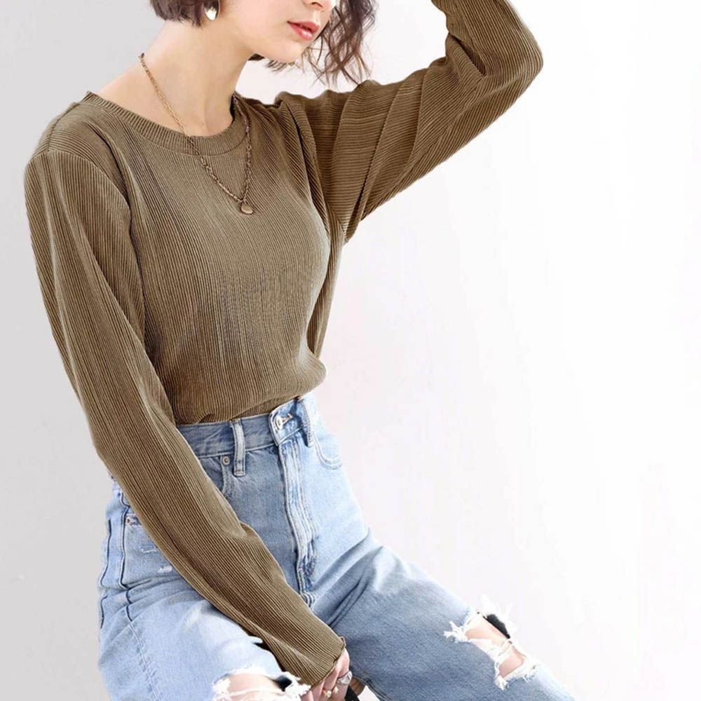 圓領細坑條光澤感薄長袖上衣-摩卡