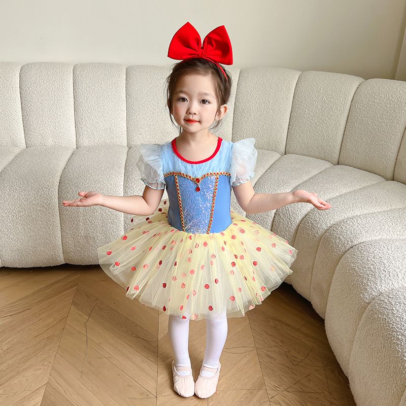 短袖造型公主裙/芭蕾舞裙-圓點寶石-藍+奶油黃