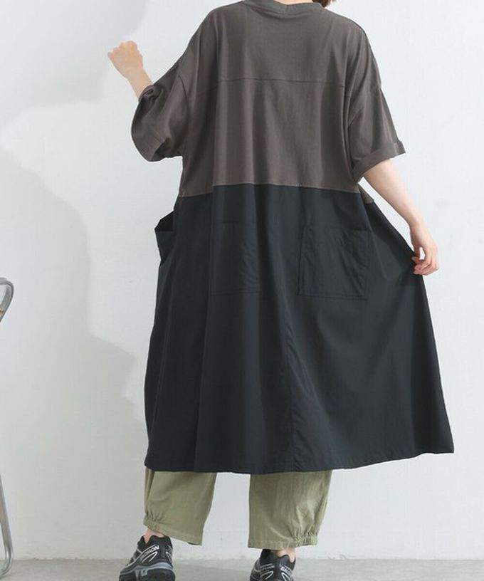 日本 Lupilien - 異素材撞色學院風俐落短袖洋裝-炭灰