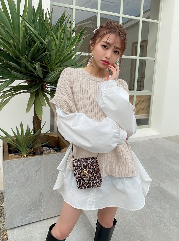 日本 GRL - 假兩件針織背心X白色襯衫短版寬鬆洋裝-黑