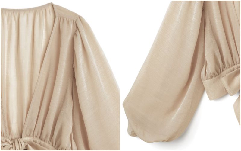 日本 GRL - 光澤感薄透V領綁帶澎澎袖小罩衫-時尚黑