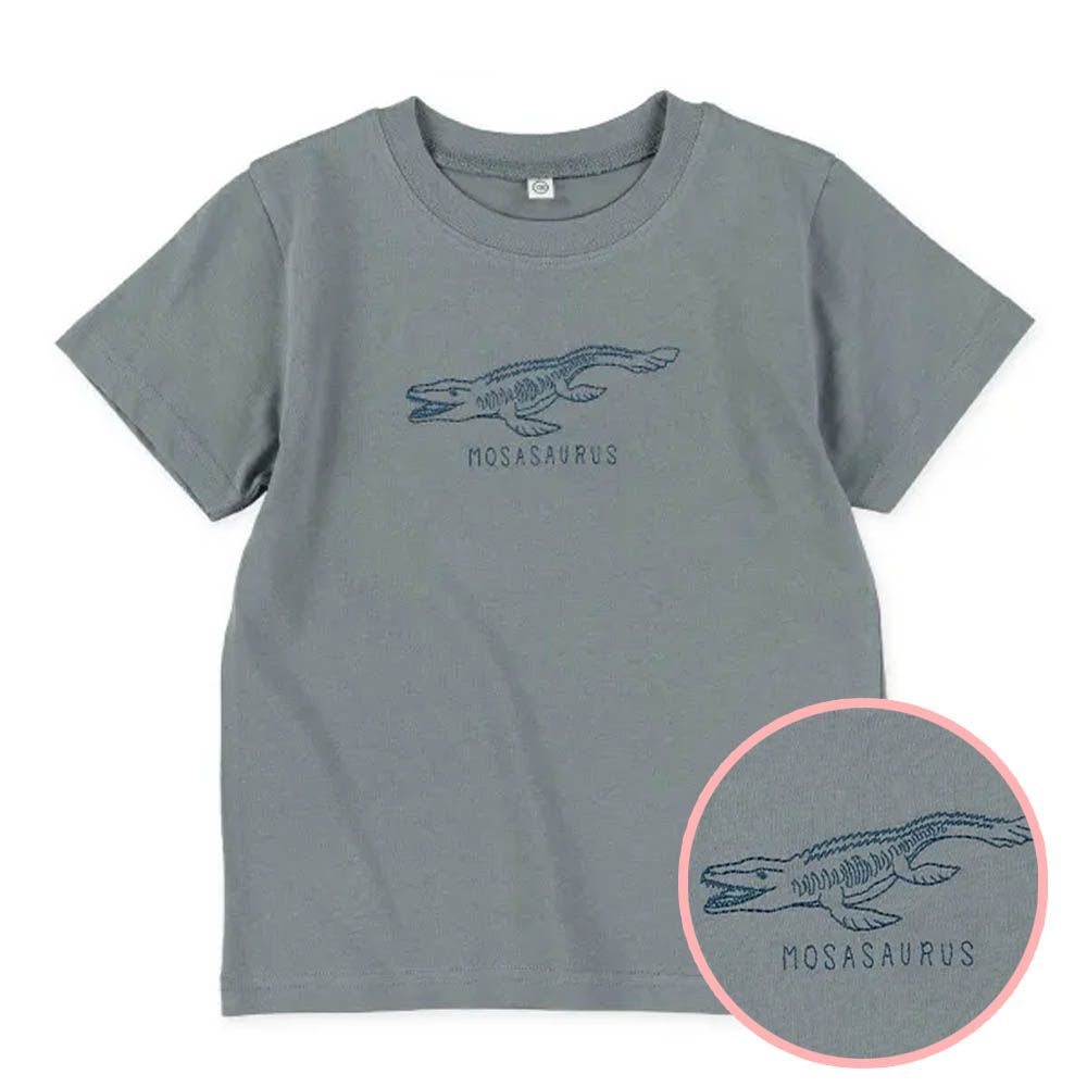 恐龍刺繡短袖上衣-滄龍-灰藍