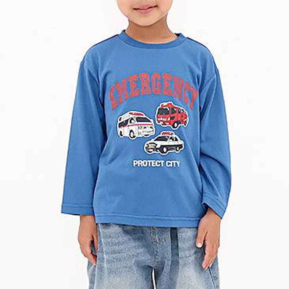 [推薦]定番印花薄長袖上衣-車車-藍