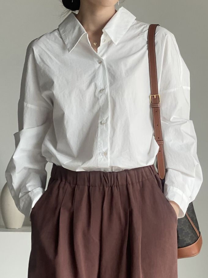 韓國女裝連線 - 知性背後抓褶翻領長袖襯衫-象牙白 (FREE)