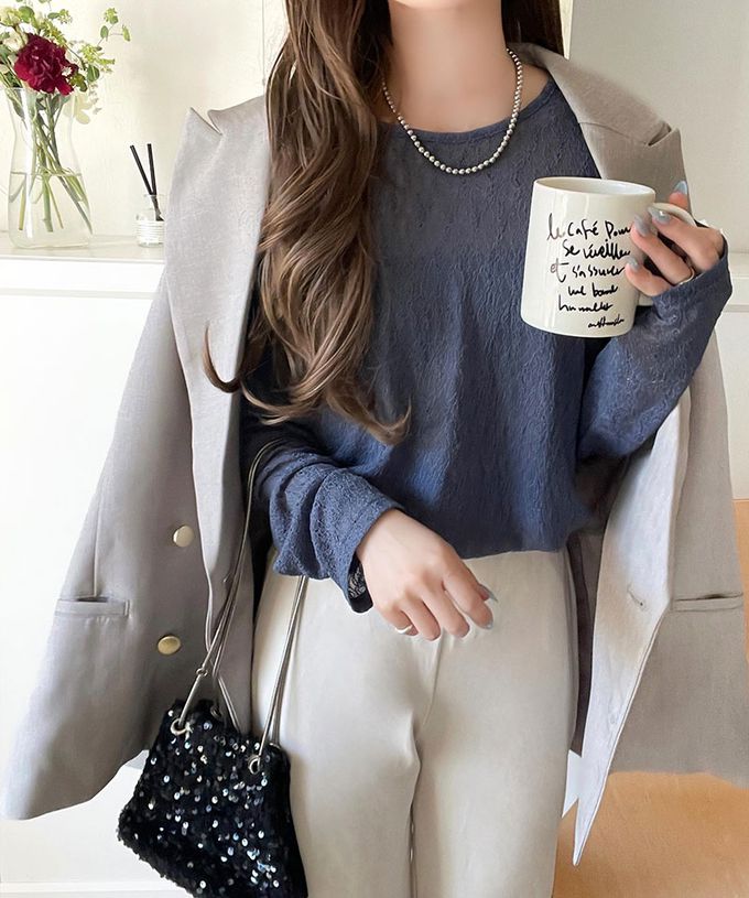 日本 Classical Elf - 網狀蕾絲透膚圓領長袖上衣-咖啡