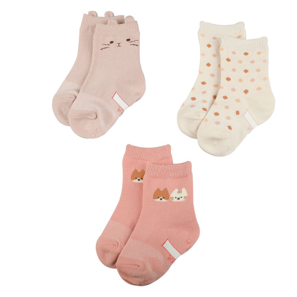 akachan honpo - 女童襪 3雙組-小貓-粉紅色 (9~14cm)
