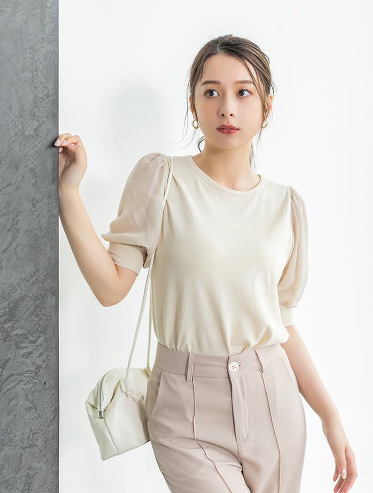 日本 fifth - 異材質拼接澎袖圓領五分袖上衣-咖啡