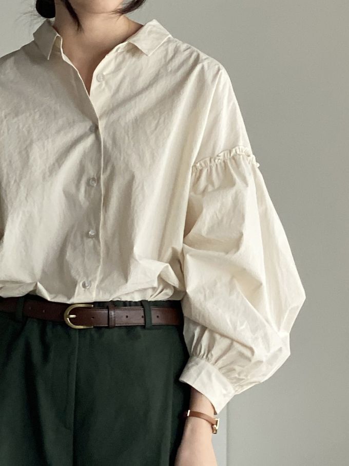 韓國女裝連線 - 極簡拼接翻領長袖襯衫-米杏 (FREE)