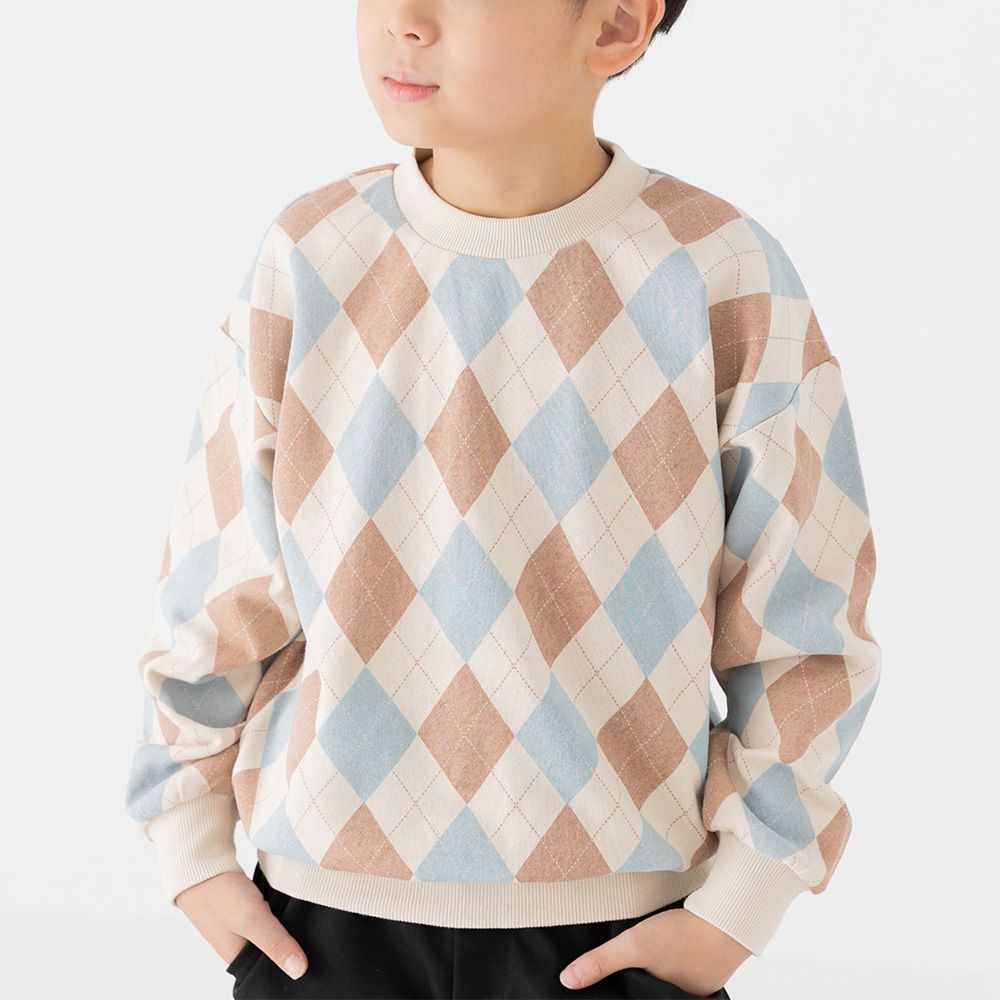 100%棉 北歐風印花裏毛長袖上衣-菱格-淺藍x卡其橘