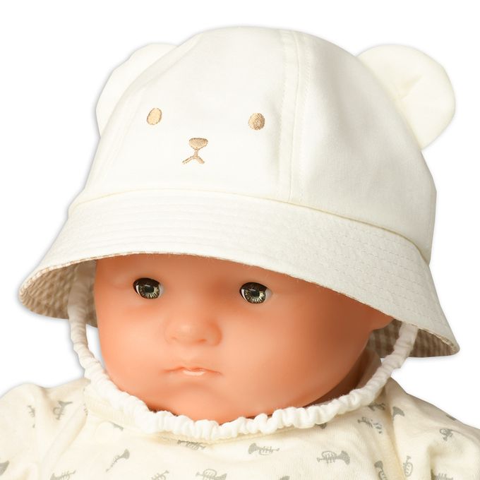 akachan honpo - 反折帽-熊耳 格紋-米白色