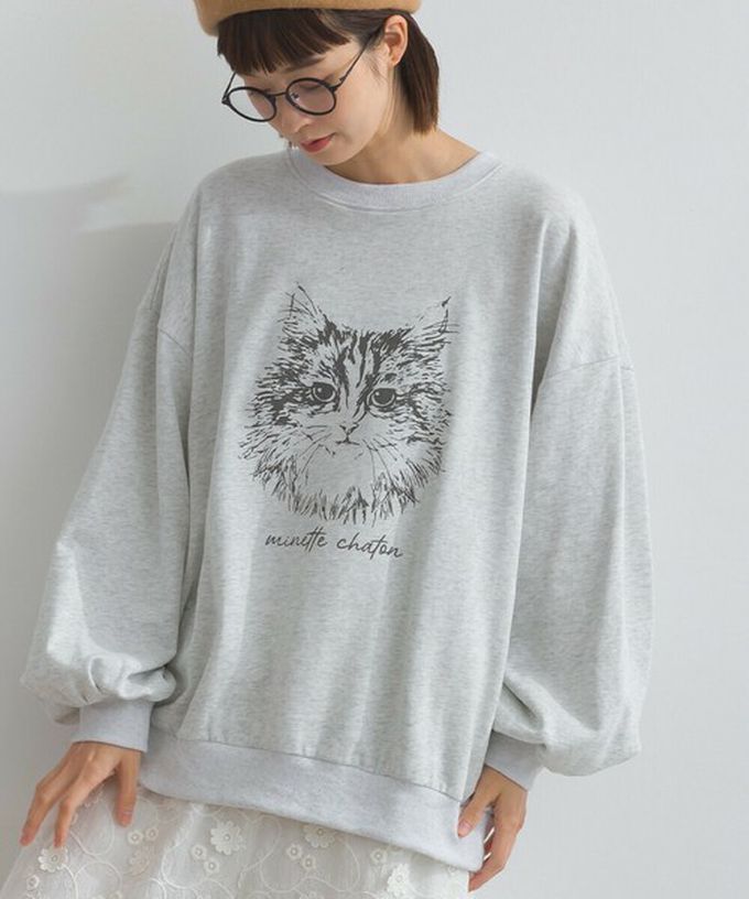 日本 Lupilien - 線條貓咪印花裏毛長袖上衣-藍